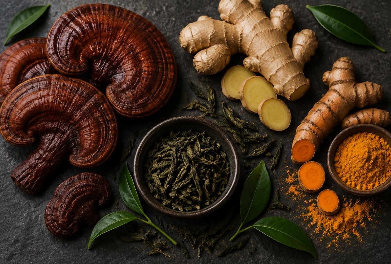 Dried reishi mushrooms alongside ginger, turmeric and green tea leaves on slate