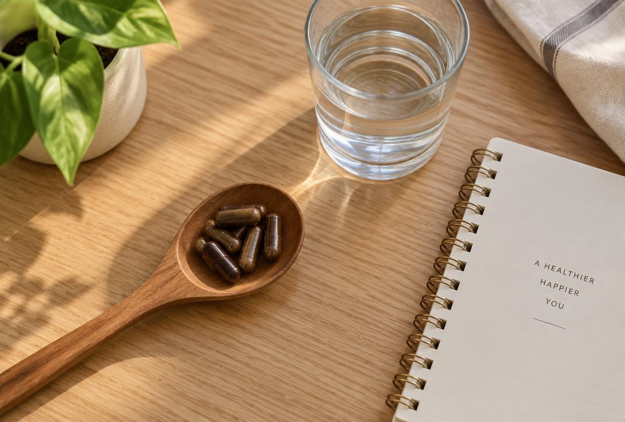 Reishi capsules on a wooden spoon beside a glass of water and a notebook