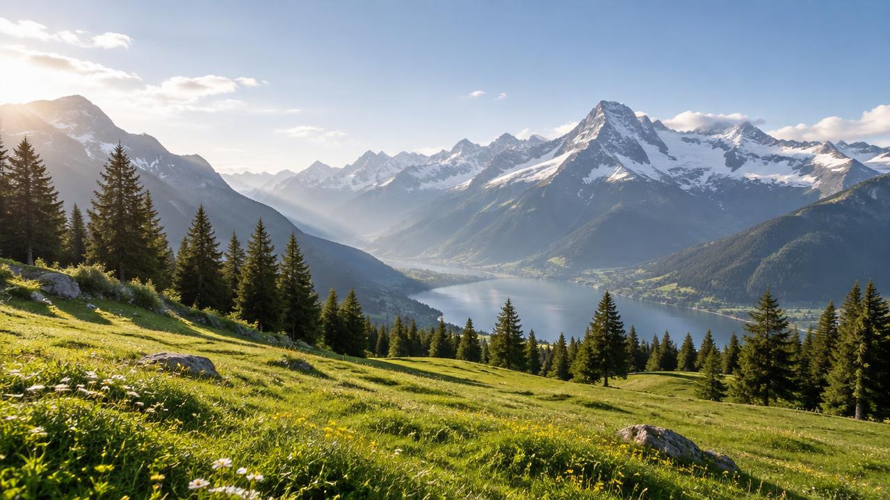 Swiss alpine meadow, pine forest and snow-capped peaks in morning light